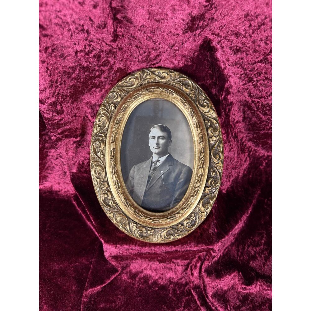 Antique Gilt Oval Portrait Frame Black & White Haunted Photograph of A Gentleman